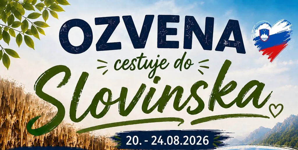 Header of the poster “OZVENA cestuje do Slovinska” (OZVENA travels to Slovenia) with the dates 20–24 August 2026